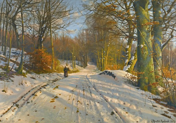 Winter landscape with a woman walking on a path between several trees by Peter Mork Monsted
